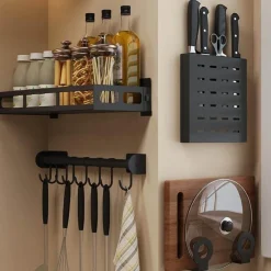 Cozy Living Küche & Esszimmer|Möbel-Mattschwarze Küchenaufbewahrung aus Metall ohne Bohren