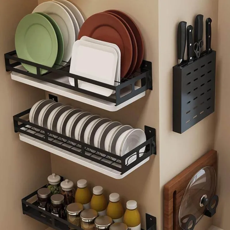 Cozy Living Küche & Esszimmer|Möbel-Mattschwarze Küchenaufbewahrung aus Metall ohne Bohren