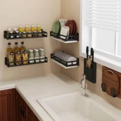 Cozy Living Küche & Esszimmer|Möbel-Mattschwarze Küchenaufbewahrung aus Metall ohne Bohren