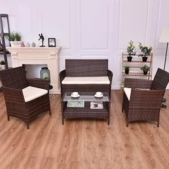 Nomad Gear Camping Im Freien|Möbel-Modernes Rattan-Terrassenmöbel-Set – 4-teilig, Korbsofa, Couchtisch mit Kissen