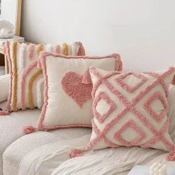 Pillow Haven Bettzeug|Wohndeko-Nordischer rosa geometrischer Kissenbezug - 45x45cm Baumwoll-Canvas-Tufted-Hülle