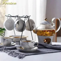 Feast u0026 Flair Küche & Esszimmer-Nordisches Marmor-Teeservice aus Porzellan – elegante Teekanne und Teetassen für Tee und Kaffee