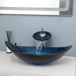 The Culinary Kit Küche & Esszimmer-Ovales Aufsatzwaschbecken aus gehärtetem Glas mit Wasserfall-Wasserhahn-Kombination