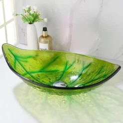 The Culinary Kit Küche & Esszimmer-Ovales Aufsatzwaschbecken aus gehärtetem Glas mit Wasserfall-Wasserhahn-Kombination