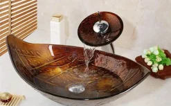 The Culinary Kit Küche & Esszimmer-Ovales Aufsatzwaschbecken aus gehärtetem Glas mit Wasserfall-Wasserhahn-Kombination