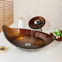 The Culinary Kit Küche & Esszimmer-Ovales Aufsatzwaschbecken aus gehärtetem Glas mit Wasserfall-Wasserhahn-Kombination