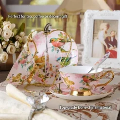 Feast u0026 Flair Küche & Esszimmer-Pink Bird Teeservice – Teekanne, Tassen und Krug aus Bone China