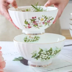 Feast u0026 Flair Küche & Esszimmer-Porzellanschüssel-Set mit Blumenmuster, Goldrand, Monatsthema, 4er-Set