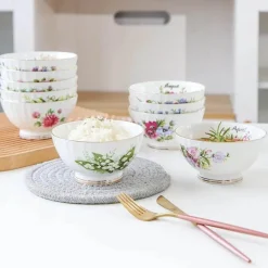 Feast u0026 Flair Küche & Esszimmer-Porzellanschüssel-Set mit Blumenmuster, Goldrand, Monatsthema, 4er-Set