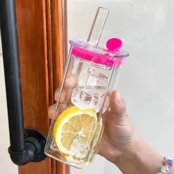 Plates u0026 More Küche & Esszimmer-Quadratisches Glasbecher-Set mit Strohhalm – Stilvolles, hitzebeständiges Trinkgeschirr für Milch und Kaffee