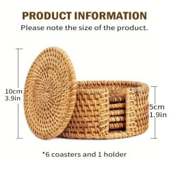 Tom Küche & Esszimmer-Rattan-Untersetzer-Set – hitzebeständiges Korbgeflecht, Boho-Dekor, 6-teilig