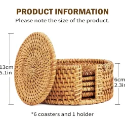 Tom Küche & Esszimmer-Rattan-Untersetzer-Set – hitzebeständiges Korbgeflecht, Boho-Dekor, 6-teilig