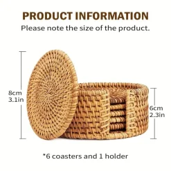 Tom Küche & Esszimmer-Rattan-Untersetzer-Set – hitzebeständiges Korbgeflecht, Boho-Dekor, 6-teilig