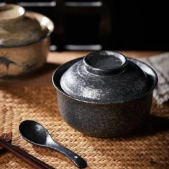 Elegance at the Table Küche & Esszimmer-Retro Ramen Schüssel Set - Keramik mit Deckel Essstäbchen Löffel