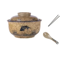 Elegance at the Table Küche & Esszimmer-Retro Ramen Schüssel Set - Keramik mit Deckel Essstäbchen Löffel