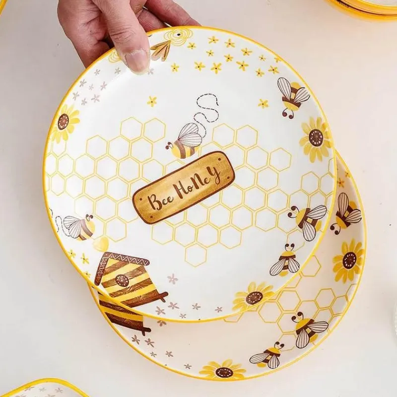 Tom Küche & Esszimmer-Runder handbemalter Keramikteller mit Bienenmotiv für Obstdesserts