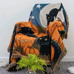 Cozy Haven Bettzeug-Schwarze Katzen-Strickdecke – Gemütliche Halloween-Überwurfdecke für Herbst und Winter