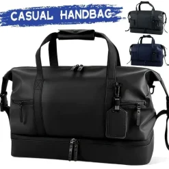 BagAura Taschen & Geldbörsen-Schwarze Reisetasche aus PU – großes Fassungsvermögen, Nass-/Trockenfach, Reisetasche