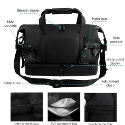 BagAura Taschen & Geldbörsen-Schwarze Reisetasche aus PU – großes Fassungsvermögen, Nass-/Trockenfach, Reisetasche