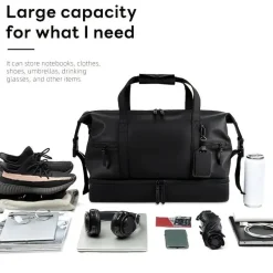 BagAura Taschen & Geldbörsen-Schwarze Reisetasche aus PU – großes Fassungsvermögen, Nass-/Trockenfach, Reisetasche