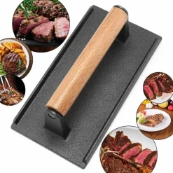 Tom Küche & Esszimmer-Schweres Steakgewicht aus Gusseisen mit Holzgriff – perfektes BBQ-Kochwerkzeug zum Grillen