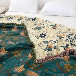 Wrap u0026 Relax Bettzeug-Sofabezug aus Baumwollgaze mit Vogel-Jacquardmuster – rutschfeste Ganzjahresdecke