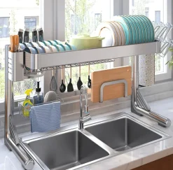 Space Savvy Küche & Esszimmer-Spülbecken-Organizer aus Edelstahl – Geschirrständer für die Arbeitsplatte