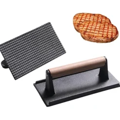 Tom Küche & Esszimmer-Steakpresse aus Gusseisen – rechteckige Fleischpresse mit Holzgriff