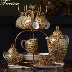 Feast u0026 Flair Küche & Esszimmer-Tee- und Kaffeeservice aus Knochenporzellan mit Leopardenmuster – elegantes Trinkgeschirr aus Porzellan