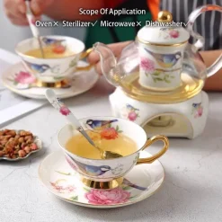 Feast u0026 Flair Küche & Esszimmer-Teekannen-Set mit Blumenmuster – Tassen aus Knochenporzellan mit Sieb