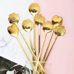 Feast u0026 Flair Küche & Esszimmer-Teelöffel-Set aus Edelstahl mit goldener Blume – elegante Kaffee- und Dessertlöffel