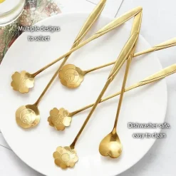Feast u0026 Flair Küche & Esszimmer-Teelöffel-Set aus Edelstahl mit goldener Blume – elegante Kaffee- und Dessertlöffel