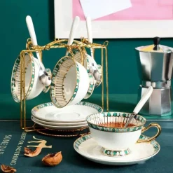 The Cozy Mug Küche & Esszimmer-Teeservice aus Bone China – Teekanne aus Porzellan mit blauen Punkten, Tassen, Milchkännchen, Zuckerdose