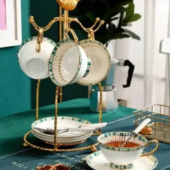 The Cozy Mug Küche & Esszimmer-Teeservice aus Bone China – Teekanne aus Porzellan mit blauen Punkten, Tassen, Milchkännchen, Zuckerdose