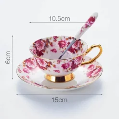 Feast u0026 Flair Küche & Esszimmer-Teeservice aus Bone China mit Blumenmuster – Elegante 200-ml-Tasse mit Untertasse und Löffel