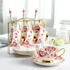 Feast u0026 Flair Küche & Esszimmer-Teeservice aus Bone China mit Blumenmuster – Elegante 200-ml-Tasse mit Untertasse und Löffel