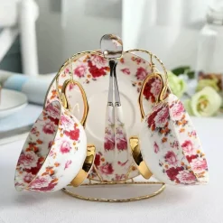 Feast u0026 Flair Küche & Esszimmer-Teeservice aus Bone China mit Blumenmuster – Elegante 200-ml-Tasse mit Untertasse und Löffel