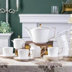 Feast u0026 Flair Küche & Esszimmer-Teeservice aus Bone China – Britisches weißes Teegeschirr mit Kaffeetasse, Untertasse, Milchglas, Zuckerdose