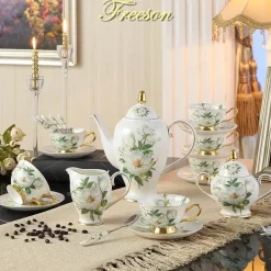 Feast u0026 Flair Küche & Esszimmer-Teeservice „Camellia“ aus Bone China – Teekanne und Tassen aus Porzellan, Zuckerdose