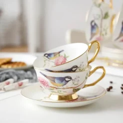 Feast u0026 Flair Küche & Esszimmer-Teetassen-Set aus Bone China – Pastorales Vogel-Design, 200 ml, englische Kaffeetassen aus Porzellan
