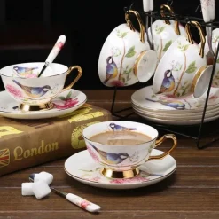 Feast u0026 Flair Küche & Esszimmer-Teetassen-Set aus Bone China – Pastorales Vogel-Design, 200 ml, englische Kaffeetassen aus Porzellan