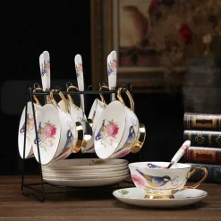 Feast u0026 Flair Küche & Esszimmer-Teetassen-Set aus Bone China – Pastorales Vogel-Design, 200 ml, englische Kaffeetassen aus Porzellan