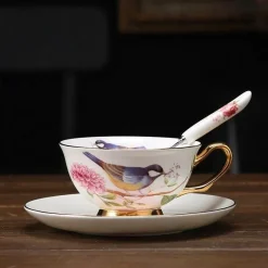 Feast u0026 Flair Küche & Esszimmer-Teetassen-Set aus Bone China – Pastorales Vogel-Design, 200 ml, englische Kaffeetassen aus Porzellan