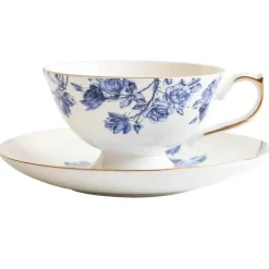 Feast u0026 Flair Küche & Esszimmer-Teetassen-Set aus Bone China mit Blumenmuster – Teetasse und Snackteller für den Einsatz im Büro