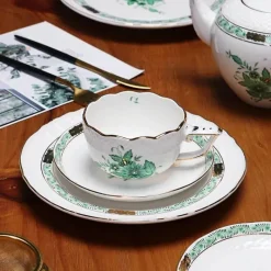 Elegance at the Table Küche & Esszimmer-Teetassen-Set mit grünem Pflanzenmuster – Keramik mit Löffelteller für den Nachmittagstee