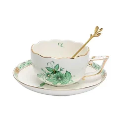 Elegance at the Table Küche & Esszimmer-Teetassen-Set mit grünem Pflanzenmuster – Keramik mit Löffelteller für den Nachmittagstee