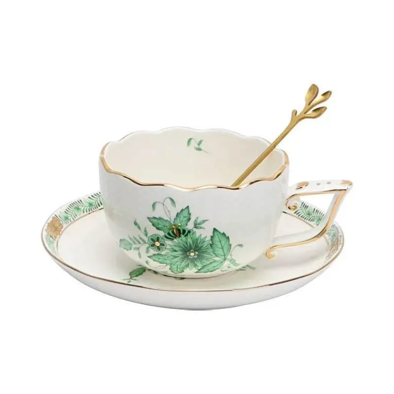 Elegance at the Table Küche & Esszimmer-Teetassen-Set mit grünem Pflanzenmuster – Keramik mit Löffelteller für den Nachmittagstee