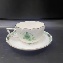 Elegance at the Table Küche & Esszimmer-Teetassen-Set mit grünem Pflanzenmuster – Keramik mit Löffelteller für den Nachmittagstee