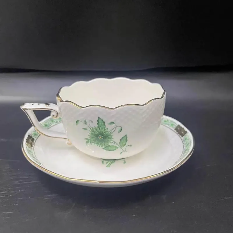 Elegance at the Table Küche & Esszimmer-Teetassen-Set mit grünem Pflanzenmuster – Keramik mit Löffelteller für den Nachmittagstee