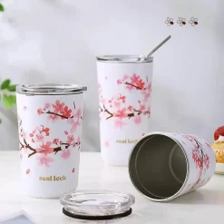 Tom Küche & Esszimmer-Thermo-Reisebecher mit Kirschblütenmotiv, auslaufsicherer Edelstahl mit Strohhalm